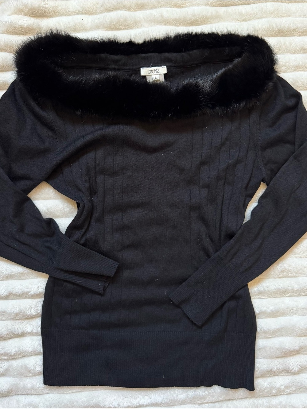 Cache Black Off-The-Shoulder Faux Fur Trim Sweater